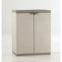 Armario de jardín bajo de resina beige-gris – 88 cm alto, 70 cm ancho, 44 cm fondo – 2 estantes ajustables