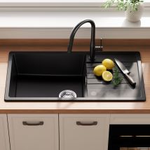 Lavello In Granito 86×45 Cm Cecipa Max, Lavello Da Appoggio Con Gocciolatoio Lavello Da Cucina In Granito Incl. Sifone, Scarico E Troppopieno