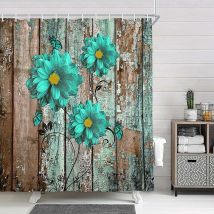 Rustic Teal Floral Shower Curtain, Modern Farmhouse Shower Curtain Set Turquoise Blue Flower Fabric Over Gray Wooden Curtains, Vintage Country 