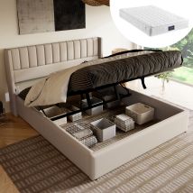 Letto Imbottito Letto Contenitore Letto Idraulico (biancheria Beige 140x200 Cm Compreso Materasso) Okwish