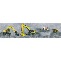 Yellow Diggers Wallpaper Border Paste The Wall Vinyl Kids Construction Grey