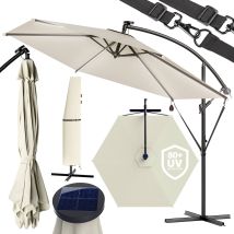 Sombrilla De Jardín Parasol 350cm Manivela 6 Tiras Luces Led Protección Uv80+ Seguro Antiviento Funda Protectora Crema - Kingsleeve