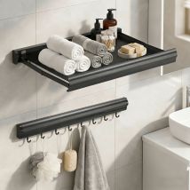 Sechoir Linge Mural Rétractable Avec Étagère Filet & 8 Crochets, Etagere Salle De Bain, Étendoir À Linge Design Pliable - Todeco
