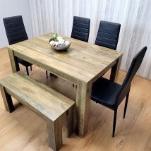 Kosy Koala - Wooden Dining Table Set For 6 Rustic Effect Table With 4 Black Leather Chairs And 1 Bench