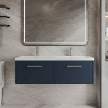 Juno Satin Midnight Blue 1200mm Wall Hung 2 Drawer Vanity Unit And Twin Ceramic Basins - Jnu2922f - Hudson Reed