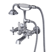 Retro-Zweigriff-Wandarmatur – Messing verchromt – 28 cm Höhe – 13 cm Wandabstand – 150 cm Duschschlauch – 2 Jahre Garantie