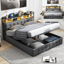 Letto Contenitore 140x190,letto Matrimoniale 140x190,letto Matrimoniale Contenitore,con Rete A Doghe, Testiera Con Contenitore, Luci Led, Lino, Grigio