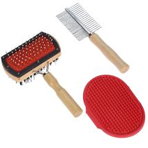 Hundebürsten-Set, 3-teilig, ergonomischer Griff, für langes und dichtes Fell, Holz, Metall, Silikon, Haustierpflege