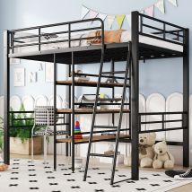 Letto A Soppalco 90x200 Cm, Senza Materasso, Letto Con Scrivania, Diversi Ripiani, Binari, Scala - Nero