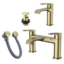 Fnx Bathrooms - Brushed Brass Basin Sink Tap & Bath Filler Set With Matching Waste Plugs