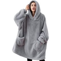Adult Plaid Fleece Hoodie With Sleeve Women Men Hooded Blanket With Sleeves Portable Pockets, Plaid Sweater Blanket Sofa Tv Winter, 95x85cm Gray