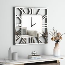 Shyfoy - 23.6in Modern Glam Square Mirrored Wall Clock - Decorative Roman Numeral Mirror Clock For Living Room, Bedroom, Home Accent