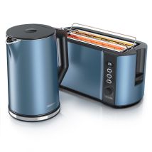 2-teiliges Frühstücksset - Edelstahl Wasserkocher 1,5l, 4-scheiben Langschlitz Toaster, Blau Matt - Arendo