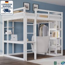 Modfu - Cama Alta Infantil De Madera 140×200cm Con Escritorio Y Estante, 1 Barra, Protección Anticaídas, Sin Colchón, Color Blanco