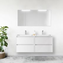 Caesaroo - Meuble De Salle De Bain Suspendu 140 Cm En Bois Blanc Brillant Avec Vasque Intégrée - Nova - 140 Cm Standard
