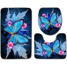 40 Cm X 60 Cm) Badematten-set, 3er-set, Blaues Schmetterlingsmuster, Wc-konturteppich, Rutschfester Badezimmerteppich, Weich Und Bequem, Waschbar