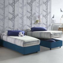 Cama Individual Caterina, Cama Contenedor Con Revestimiento De Tela, 100% Made In Italy, Apertura Frontal, Adecuado Para Colchón Cm 80x200, Azul, Con 