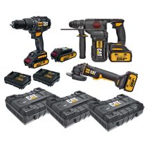 CAT – Power Tool Set with Rotary Hammer DX21, Impact Drill Driver DX12, Angle Grinder DX31B, 4 Batteries, 3 Cases