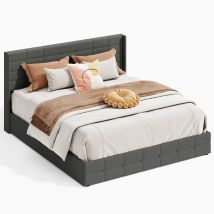 Lit Coffre Double 180 X 200 Cm Bealife Avec Système De Rangement Hydraulique Tête De Lit Capitonnée Sommier À Lattes En Bois Cadre En Métal Gris Foncé