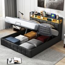Lit Capitonné Coffre 140x190 Cm, Tête De Lit Coffre Avec Usb Et Éclairage Led, Avec Sommier À Lattes, Lit Double , Pu Noir