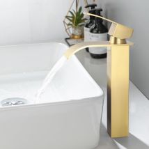 Hoch Wasserhahn Bad Gebürstetes Gold, Waschtischarmatur Mit Wasserfall Auslauf, Hohe Armatur Für Aufsatzwaschbecken, Waschbecken Mischbatterie Mit 