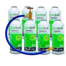 4 Pack Ahorro (2x226gr) Botellas Gas Refrigerante Gasica D2 Sustituto De R12, R134a Más Manguera Con Llave Recarga Gas