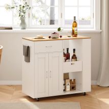 Îlot De Cuisine Mobile Avec Roulettes, Desserte De Cuisine, Avec Plateau De Travail En Bois, Tiroir, Placard, Étagères À Épices Amovible, Chariot De 