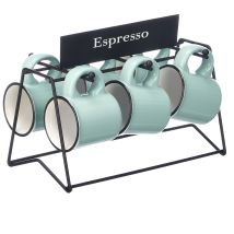 Espressotassen Set mit 6 Tassen – 100 ml – Porzellan – Grau, Mint, Rosa, Beige – Praktischer Metallständer
