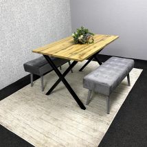 Kosy Koala - Wooden Brown Dining Table With 2 Grey Velvet Padded Benches, Stylish Dining Room Furniture
