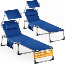 Tumbona Playa Plegable 180kg Silla Jardín Reclinable Exterior Toldo Reposacabeza 210x61cm Bolsillo Piscina Camping Terraza 2x Blau (de) - Casaria