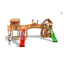 Fungoo Spielturm 'maxi Set Joyful Castle My Space Xl Fortress Toybox Rainbow', Teak, Mit 2x Rutschen, 2x Spieltürmen, Verbindungsbrücke, Leiter, 