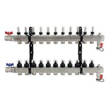 Fbh-verteiler 11-fach Aus Edelstahl Mit Topmeter, Entlüftung, Kugelhähnen Und Spülvorrichtung