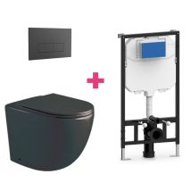 Hänge-wc Genova Komplett-set Schwarz Mit Rechteckiger Schwarzer Drückerplatte