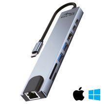 8-in-1-giga-lan-hub – Usb-c-dockingstation. Anschlüsse: 1x Rj45 (1000 Mbit/s), 1x Usb-a 3.0, 1x Usb-a 2.0, 1x Usb-c Pd 20 V @ 5 A Max. 100 W, Hdmi 4k,