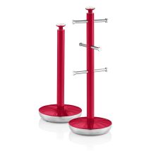 Swan - Swka1054rn Retro Set Porta Rollos Papel Cocina + Porta Tazas Para 6 Tazas, Acero Lacado, Diseño Vintage Rojo