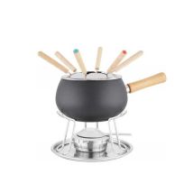 Olla esmaltada negra opaca para fondue – Set de 12 piezas – Mango de madera – Tapa de acero inoxidable – Quemador cromado