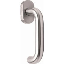 Fenstergriff Edelstahl U-Form 20-40 mm – Grifflänge 152 mm – Nocken-Ø 9 mm – Lochabstand 43 mm – Vierkant 7 mm – Sockelbreite 32 mm – Sockelhöhe 13 mm