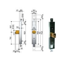 Serratura verticale per serrande fisarmonica – 2 punti di chiusura – Dimensioni scatola: 26,5 x 140 mm – Cilindro: 6802 fresato