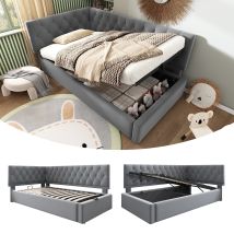 Cama Daybed Acolchada 90x200 Cm Gris, Con Cajón Hidráulico, Somieres De Madera