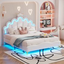 Foerpl-lit Pour Enfant 140x200 Cm, Lit Rembourré 140x200 Avec Led, Lits Princesse Pour Fille En Forme De Couronne Avec Sommier À Lattes Et Tête De 