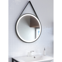 A&s - Specchio Luminoso Eleganza Con Fibbia In Pelle Liscia Nera 60 Cm
