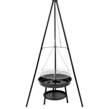 Barbecue Suspendu Trépied Avec Foyer Émaillé 52 Cm – Grille Ronde Chromée 46 Cm – Hauteur Réglable – Acier Thermolaqué – Lund