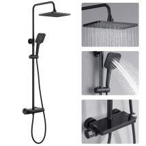 Auralum Max Sistema Doccia Con Termostato, Soffione A Pioggia Con Doccetta A 3 Funzioni, Soffione A Soffitto E Mensola Per Il Bagno, Nero
