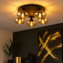 Plafoniera Led Filamento Dimmerabile Plafoniera Vetro Ambra Nero Retrò Soggiorno Luce 5-fiamma Vetro, Metallo, 5x 4w 470lm Bianco Caldo, Dxh 49x15 Cm