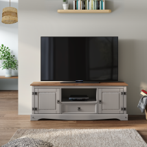 Mercers Furniture – Corona Grey Wax Widescreen TV Unit – Rustic Charm – Ample Storage – Decorative Gun Metal Hardware