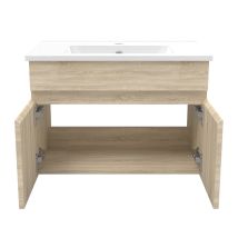 Ensemble Salle De Bain Simple Vasque 60cm Meuble Chêne Wotan Avec Colonne Et Miroir