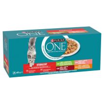 Purina ONE Sterilcat Rindfleisch Hähnchen Lachs 40 x 85 g – Trockenfutter für Katzen – 780 g Feuchtigkeit, 130 g Protein, 36 g Rohfett