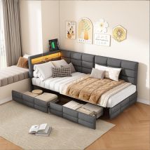 Lit Simple Rembourré 90 X 200 Cm,éclairage Led Et Port Usb,canapé-lit Capitonné Avec 2 Tiroirs,multiprise,sommier À Lattes,gris,lin