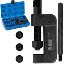 MSW – Prensa remachadora para cadenas de motocicletas – 3 pasadores incluidos – Acero al carbono – 21,5 x 12 x 6 cm