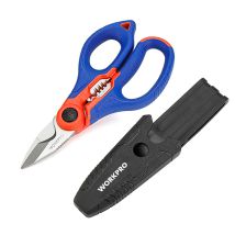 WORKPRO Elektrikerschere – Edelstahlklingen HRC52–60 – 4 Abisolier-Schlitze – 1 Crimp-Schlitz – Rot/Blau
